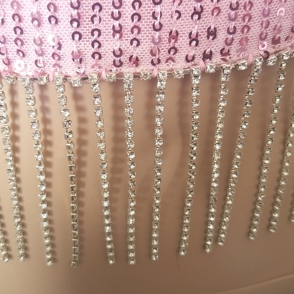 BOHO Glam Pink Sparkle Sequin Crop Top with Jewelled Fringe SZ L - Picture 8 of 17